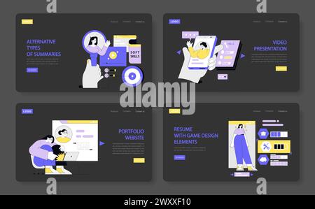 Diverse opzioni di ripresa impostate. Ritrarre forme alternative di curriculum, dalla presentazione di competenze soft agli elementi interattivi del portfolio e del design dei giochi. Evoluzione della storia della carriera. Illustrazione vettoriale Illustrazione Vettoriale