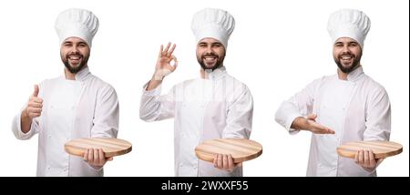 Lo chef in uniforme regge una tavola di legno su sfondo bianco, con foto Foto Stock