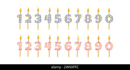 Candele di compleanno in fiamme. Decorazioni natalizie e a colori. Numeri colorati con motivo. Design di biglietti d'auguri, striscioni, poster. Illustrazione piatta vettoriale. Illustrazione Vettoriale