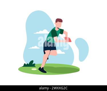 Un uomo che gioca a rugby all'aperto, tiene la palla e corre sul campo. Illustrazione vettoriale per sport, giovane giocatore di rugby, concetto di football americano Illustrazione Vettoriale