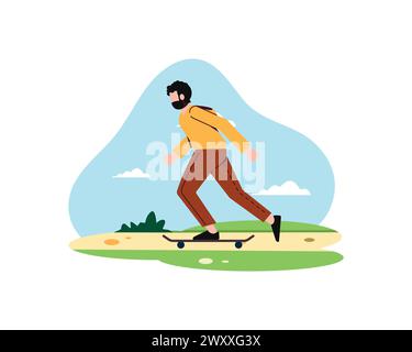 Un personaggio maschile con barba e skateboard con cappuccio. Uomo maturo e fiducioso di cittadini. Design vettoriale e concavo per lo sport e il tempo libero Illustrazione Vettoriale