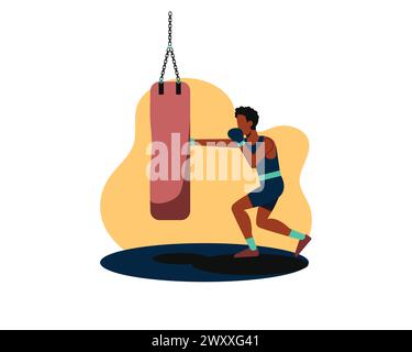 boxer man training con design grafico vettoriale per sacchetti di perforazione. Design piatto isolato per attività sportive e ricreative Illustrazione Vettoriale