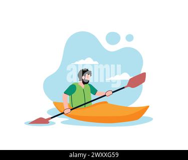 Uomo che fa rafting in canoa sull'acqua, semplice sfondo blu del cielo. Uomo cartoni animati seduto in barca, tenendo il pagaia e godendo di concetti di avventura estiva. Vettore Illustrazione Vettoriale