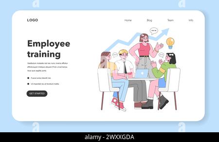 Lavoro di squadra in azione. I giovani professionisti collaborano, condividono idee e definiscono strategie per la crescita aziendale. Riunione, generazione di idee, grafico dei progressi. Illustrazione vettoriale piatta Illustrazione Vettoriale