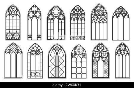 Le finestre della chiesa gotica cattolica e l'arco medievale delineano silhouette nere insieme vettoriale isolato. Cornici in vetro colorato vintage. Architettura europea tradizionale, interni in stile cattedrale con elementi monocromatici Illustrazione Vettoriale