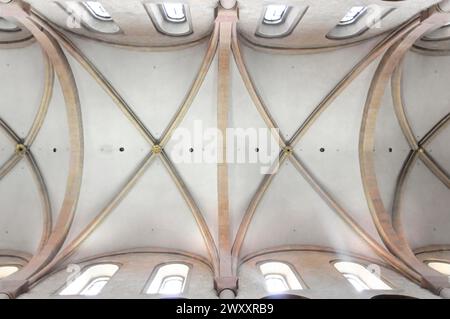 La Cattedrale alta di Magonza, soffitto di una chiesa in stile gotico con volta a costine in colori chiari, Magonza, Renania-Palatinato, Germania Foto Stock