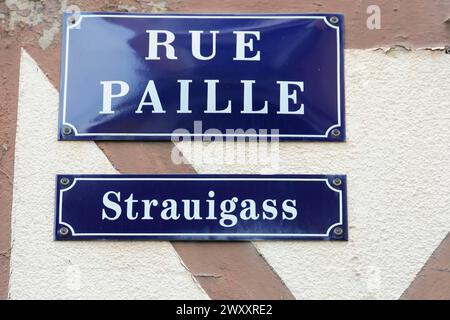 Cartelli stradali bilingue in francese e tedesco su un muro, Mulhouse, Alsazia, Alsazia, Francia Foto Stock