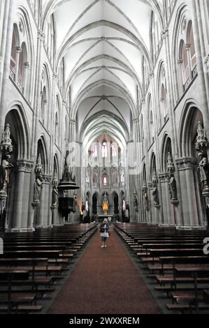 Chiesa cattolica di Santo Stefano (Eglise Saint-Etienne) in Place de la Reunion, Mulhouse, Mulhouse, ariosa chiesa interna con colonne, volte e. Foto Stock