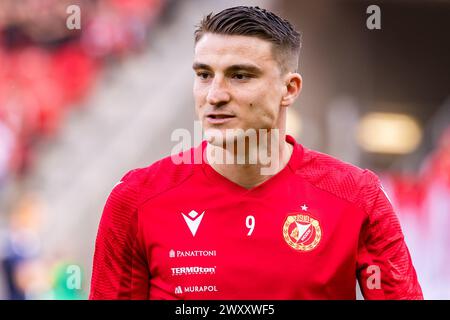 Lodz, Polonia. 1 aprile 2024. Jordi Sanchez Ribas di Widzew visto durante la partita polacca di PKO Ekstraklasa League tra Widzew Lodz e Korona Kielce allo stadio municipale di Widzew Lodz. Punteggio finale; Widzew Lodz vs Korona Kielce 3:1. Credito: SOPA Images Limited/Alamy Live News Foto Stock