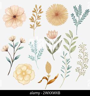 set di fiori ad acquerello e illustrazioni di foglie Illustrazione Vettoriale