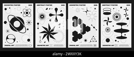 Brutali poster y2k con forme astratte monocromatiche geometriche surreali. Carte o sfondi verticali in bianco e nero vettoriali in stile futuristico retrò moderno. Modelli minimalisti con figure di brutalismo Illustrazione Vettoriale