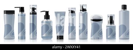 Modelli di pacchetti cosmetici realistici per mostrare il marchio dei prodotti. flaconi 3d vettoriali color argento con coperchi neri. Shampoo, lozione, sapone liquido e schiuma, antitraspirante, tubo per panna e pacco tiralatte Illustrazione Vettoriale