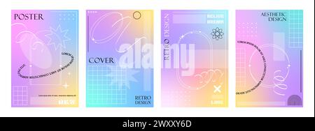 Poster brutali a gradiente estetico y2k a colori. Ologramma astratto sfondi moderni con elementi brutali. Maschere di copertura verticali vettoriali con figure geometriche, forme e colori pastello iridescenti Illustrazione Vettoriale