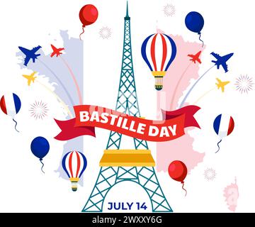 Illustrazione vettoriale della Festa della Bastiglia il 14 luglio con bandiera francese, nastro e Torre Eiffel sullo sfondo del cartone animato delle feste nazionali Illustrazione Vettoriale