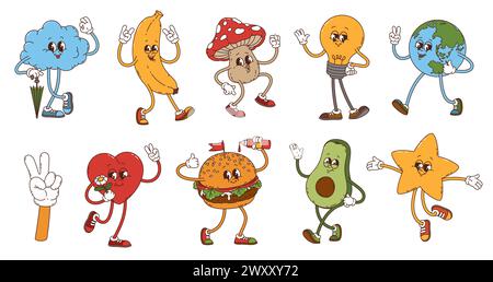 Set di personaggi cartoni animati retrò. Nuvola vettoriale, banana, fungo amanita e lampadina. Pianeta Terra, mano con gesto di pace, cuore e hamburger con avocado e stella. Personaggi funky psichedelici Illustrazione Vettoriale