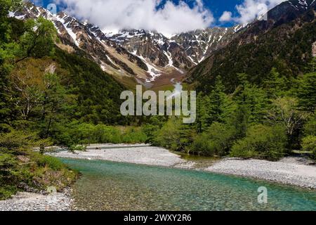 Vette innevate con una foresta verde e un fiume che scorre veloce sotto Foto Stock