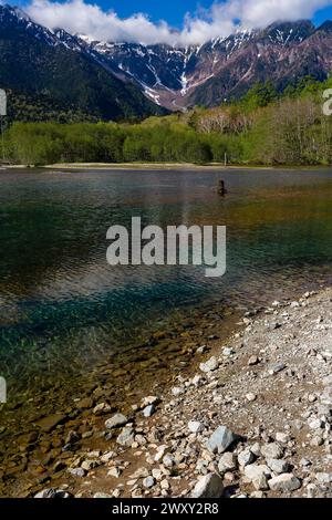 Lago poco profondo di fronte alla foresta e torreggianti vette innevate (Hotaka Range, Kamikochi, Giappone) Foto Stock