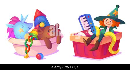 Giocattoli per bambini raccolti in scatola. Set di illustrazioni vettoriali cartoni animati con contenitori di plastica con giocattoli per bambini. Un sacco di elementi da gioco in confezione per riporre la casa o l'asilo, donare e beneficenza. Illustrazione Vettoriale