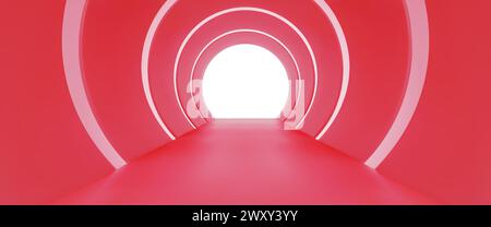 Tunnel rosso con archi rotondi e luce alla fine Illustrazione vettoriale realistica della prospettiva di un corridoio lungo, della strada all'interno di un corridoio futuristico, del design di una galleria d'arte moderna, della decorazione astratta del palcoscenico Illustrazione Vettoriale