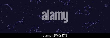 Motivo di Tarocchi senza cuciture con costellazioni blu e stelle su sfondo scuro. Sfondo boho esoterico mistico per carta da imballaggio astrologica. Vettore Illustrazione Vettoriale