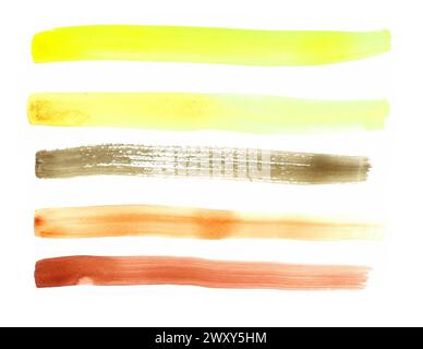 Strisce orizzontali di colori diversi su sfondo bianco. Campioni di acquerello. Giallo, arancione, rosso, marrone. Diverse tonalità. Sfocatura acquerello e dr Foto Stock