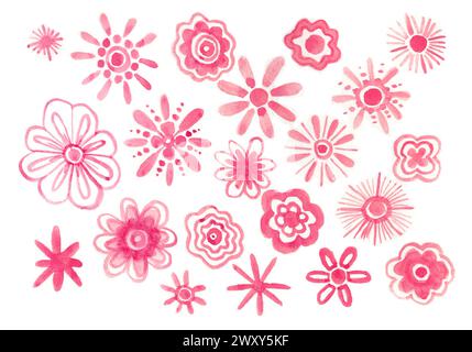 Fiori decorativi di colore rosa isolati su sfondo bianco. Delicata pittura ad acquerello. I fiori sono costituiti da linee, cerchi, punti, linee ondulate. Dic Foto Stock