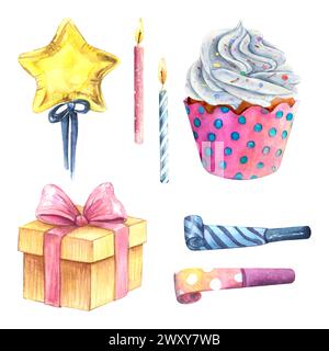Disegno ad acquerello cupcake Set compleanno. Regalo di candela alla vaniglia. Illustrazione della stella decorativa della festa. aquarelle, omaggio di benvenuto per il matrimonio di anniversario Foto Stock