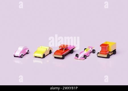 illustrazione 3d modelli colorati di auto per bambini di vari tipi, corse, camion, pick up Foto Stock