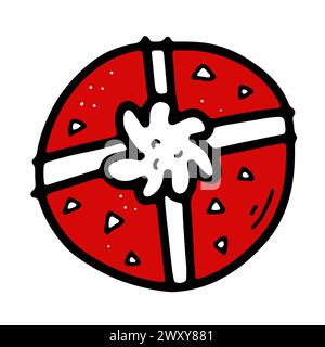 Simpatico adesivo regalo doodle. Presente disegnato a mano isolato su sfondo bianco. Avvolgere a sorpresa carta rossa con fiocco, punto. Vacanze, Capodanno, Christm Illustrazione Vettoriale