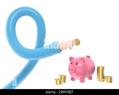 Uomo d'affari isometrico 3d piatto che mette la moneta da un dollaro nel salvadanaio. Concetto di risparmio economico e finanziario.rendering 3D.concetto di braccio lungo. Foto Stock
