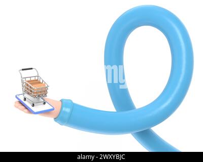Icona Cartoon Gesture Mockup.Flat uomo d'affari isometrico 3d a mano con borsa della spesa e carrello sullo smartphone. Concetto di shopping online.concetto di braccio lungo. Foto Stock