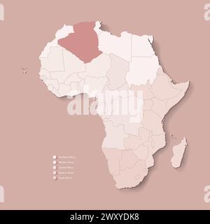 Illustrazione vettoriale con continente africano con confini di tutti gli stati e paese marcato Algeria. Mappa politica in marrone cammello con centro, occidentale, Illustrazione Vettoriale