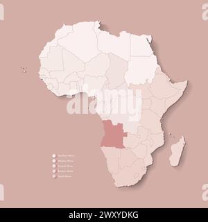 Illustrazione vettoriale con continente africano con confini di tutti gli stati e paese marcato Angola. Mappa politica in marrone cammello con centro, occidentale, Illustrazione Vettoriale