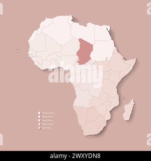 Illustrazione vettoriale con continente africano con confini di tutti gli stati e paese segnato Ciad. Mappa politica di colore marrone con occidentale, sud ed e. Illustrazione Vettoriale