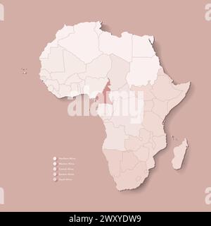 Illustrazione vettoriale con continente africano con confini di tutti gli stati e paese segnato Camerun. Mappa politica in marrone cammello con centro, occidentale, Illustrazione Vettoriale