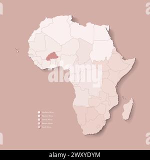 Illustrazione vettoriale con continente africano con confini di tutti gli stati e paese marcato Burkina Faso. Mappa politica in marrone cammello con centro, ovest Illustrazione Vettoriale