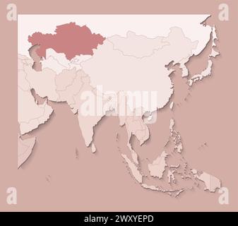 Illustrazione vettoriale con aree asiatiche con confini di stati e paese contrassegnato Kazakistan. Mappa politica di colore marrone con regioni. Backgroun beige Illustrazione Vettoriale