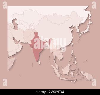 Illustrazione vettoriale con aree asiatiche con confini di stati e paese contrassegnato India; mappa politica con colori marroni e regioni. Sfondo beige Illustrazione Vettoriale