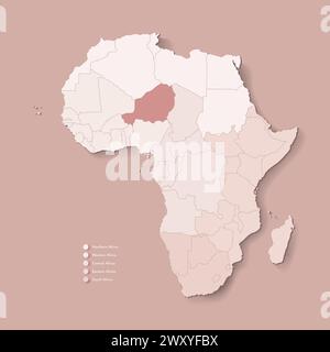 Illustrazione vettoriale con continente africano con confini di tutti gli stati e paese marcato Niger. Mappa politica di colore marrone con occidentale, sud e. Illustrazione Vettoriale