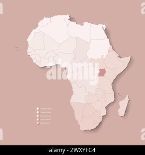 Illustrazione vettoriale con continente africano con confini di tutti gli stati e paese marcato Uganda. Mappa politica di colore marrone con occidentale, sud e. Illustrazione Vettoriale