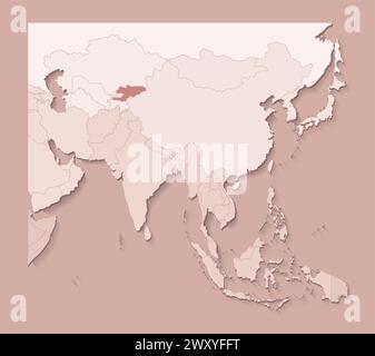 Illustrazione vettoriale con aree asiatiche con confini di stati e paese contrassegnato Kirghizistan. Mappa politica di colore marrone con regioni. Backgroun beige Illustrazione Vettoriale
