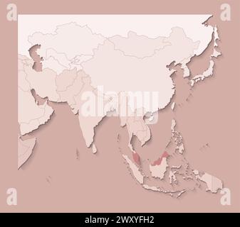 Illustrazione vettoriale con aree asiatiche con confini di stati e paese contrassegnato dalla Malesia. Mappa politica di colore marrone con regioni. Sfondo beige Illustrazione Vettoriale