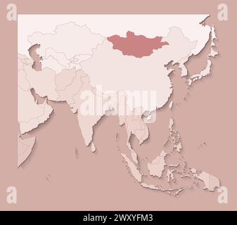 Illustrazione vettoriale con aree asiatiche con confini di stati e paese contrassegnato Mongolia. Mappa politica di colore marrone con regioni. Sfondo beige Illustrazione Vettoriale