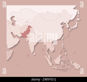 Illustrazione vettoriale con aree asiatiche con confini di stati e paese contrassegnato Pakistan. Mappa politica di colore marrone con regioni. Sfondo beige Illustrazione Vettoriale