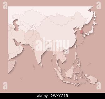 Illustrazione vettoriale con aree asiatiche con confini di stati e paese contrassegnato Corea del Sud. Mappa politica di colore marrone con regioni. Beige backgrou Illustrazione Vettoriale