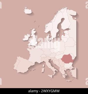 Illustrazione vettoriale con terra europea con confini di stati e paese contrassegnato Romania. Mappa politica di colore marrone con occidentale, sud e così via Illustrazione Vettoriale