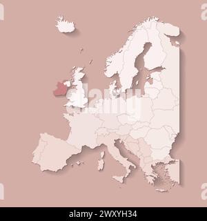 Illustrazione vettoriale con terra europea con confini di stati e paese contrassegnato Irlanda. Mappa politica di colore marrone con occidentale, sud e così via Illustrazione Vettoriale