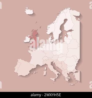 Illustrazione vettoriale con terra europea con confini di stati e paese contrassegnato Regno Unito. Mappa politica del Regno Unito di colore marrone con occidentale, sud Illustrazione Vettoriale