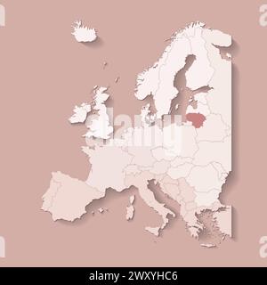 Illustrazione vettoriale con terra europea con confini di stati e paese contrassegnato Lituania. Mappa politica di colore marrone con occidentale, meridionale e così via Illustrazione Vettoriale