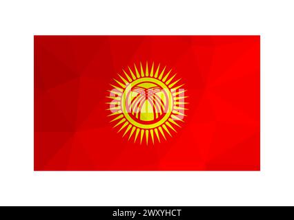 Illustrazione vettoriale. Insegna ufficiale del Kirghizistan. Nuova bandiera nazionale nei colori rosso e giallo. Design creativo in stile poly basso con chiusura triangolare Illustrazione Vettoriale